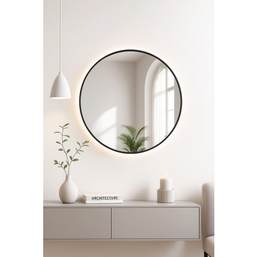 Lustro okrągłe w czarnej ramie MDF SLIM z podświetleniem - OTYLIA LED - kolor ramy do wyboru